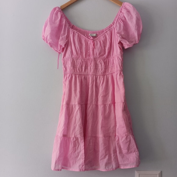 Hollister Pink Puff Sleeve Smocked Waist Tie Front Poplin Mini Dress M - Picture 2 of 8